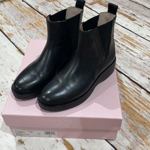 Black leather pull on ankle high boots